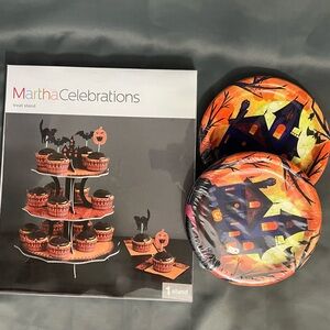 Rare- Martha creations- Orange Halloween Treat Stand & Plates